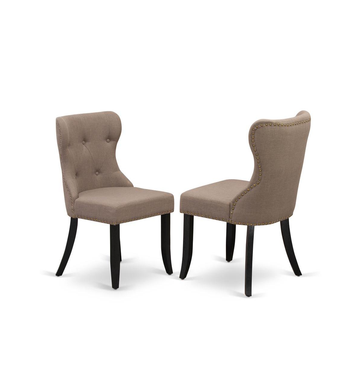 East West Furniture 3 Piece Dining Table Set - Black Wood Dining Table and 2 Coffee Linen Fabric Kitchen Chairs Button Tufted Back with Nail Heads