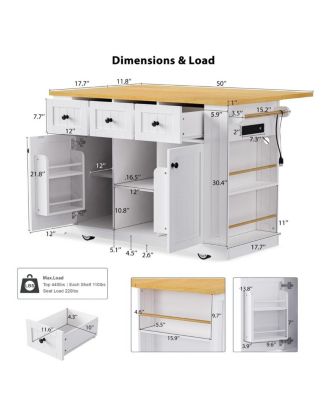 50" Kitchen Island Cart with Drop Leaf, Power Outlet & Storage Shelves, Rolling Kitchen Storage Cabinet with Wheels