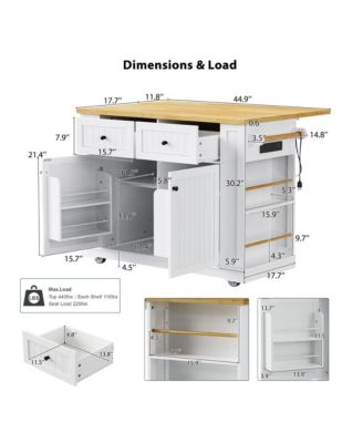 48'' Farmhouse-Style White Kitchen Island Cart with Foldable Countertop, Power Strip, 5 Side Racks, and Drawers