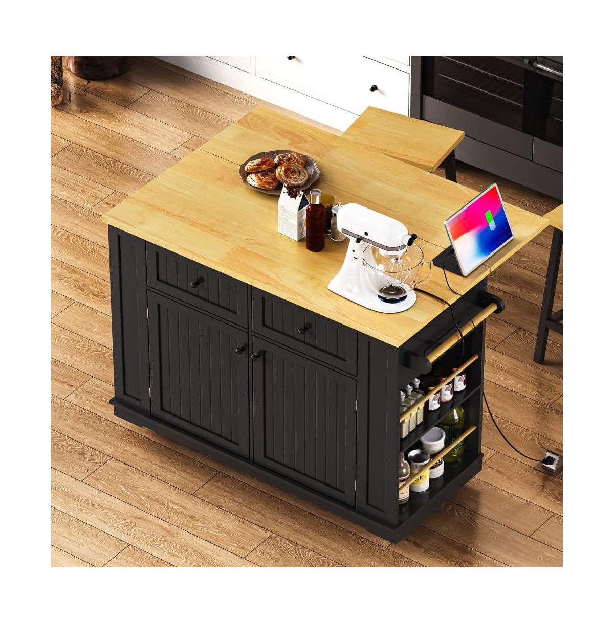 Maison Boucle 48'' Farmhouse-Style White Kitchen Island Cart with Foldable Countertop, Power Strip, 5 Side Racks, and Drawers-Maison