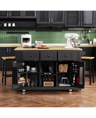 50" Kitchen Island Cart with Drop Leaf, Power Outlet & Storage Shelves, Rolling Kitchen Storage Cabinet with Wheels