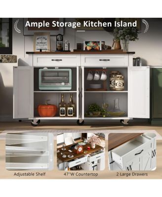 47.2" Farmhouse Rolling Kitchen Island Cart with Drop Leaf, Power Outlet, Spice Rack, Drawers & Storage Cabinet