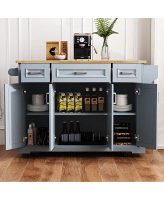 47.2" Kitchen Island Cart with Drop Leaf, Drawers, Cabinets, Adjustable Shelves & Spice Rack on Wheels
