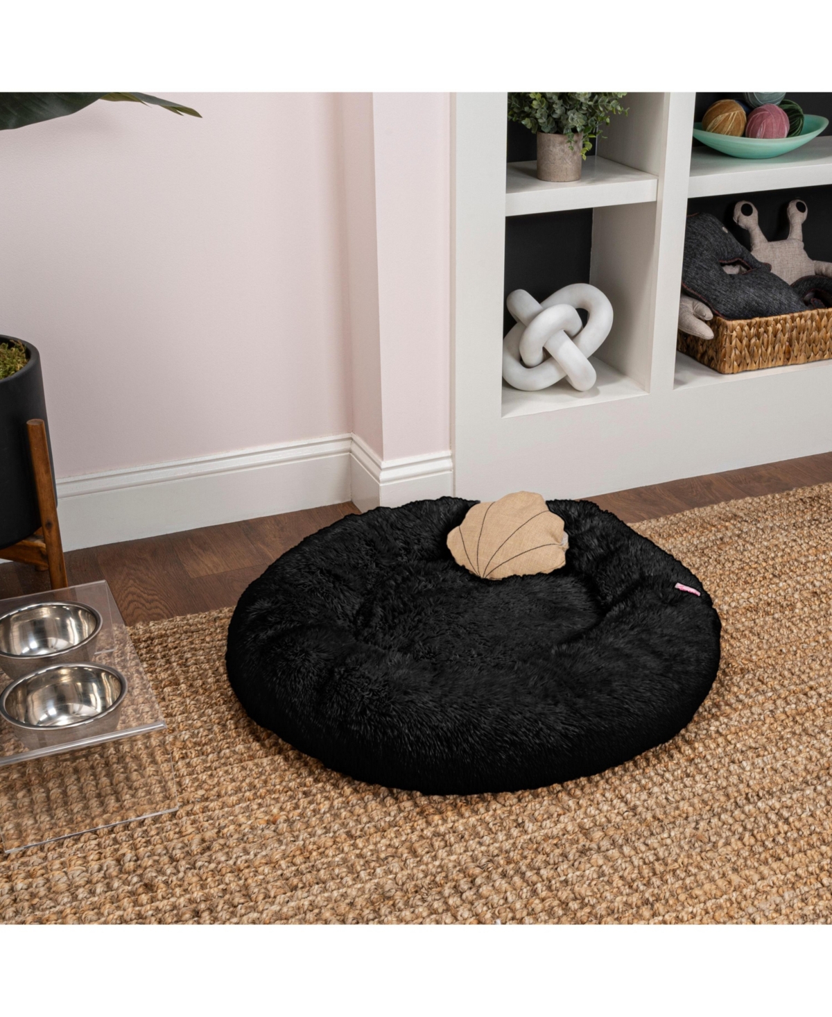 The Licker Store Maisie Bohemian Glam Faux Fur Round Fluffy Calming Donut Pet Bed with Washable Cover