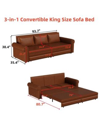 93.7" Faux Leather King Pull Out Sofa Bed, 3-in-1 Convertible Sleeper Couch with Rolled Arms & Nailhead Trim for Living Room