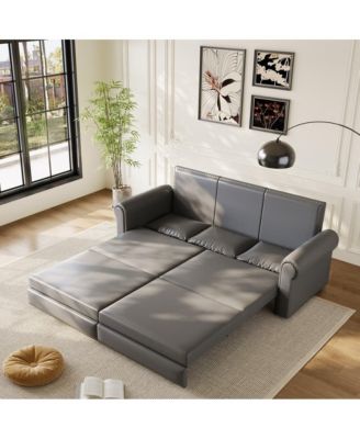 93.7" Faux Leather King Pull Out Sofa Bed, 3-in-1 Convertible Sleeper Couch with Rolled Arms & Nailhead Trim for Living Room
