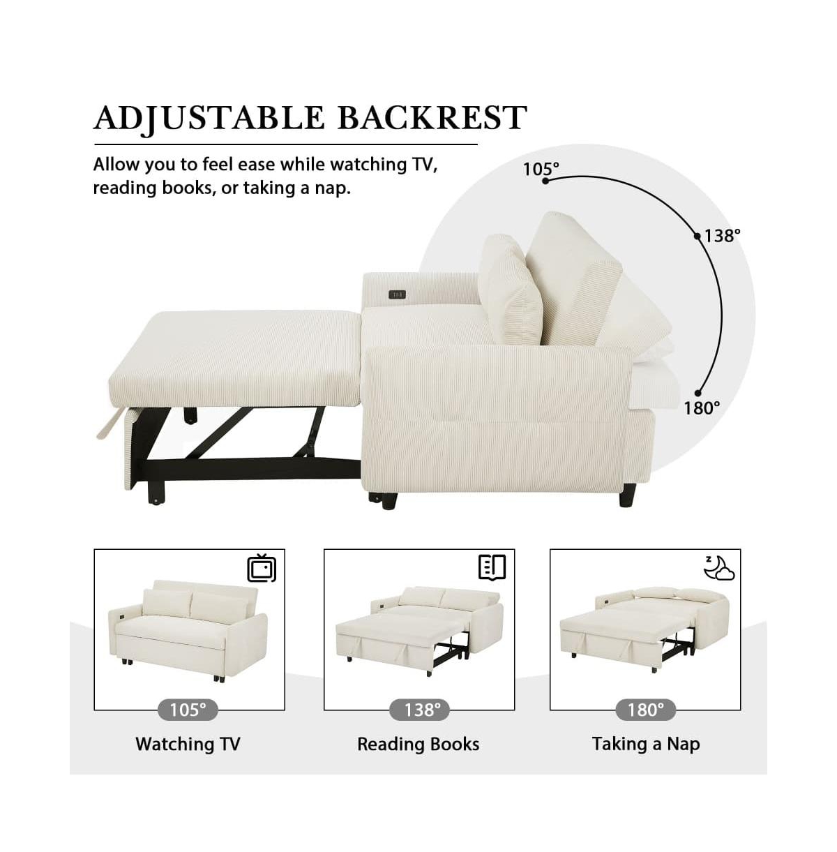 Maison Boucle 57.48" Pull Out Sleeper Loveseat, Convertible Sofa Bed with Usb Ports & Adjustable Backrest for Small Spaces-Maison