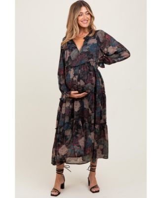 Women's Navy Floral Chiffon Ruffle Tiered Midi Dress