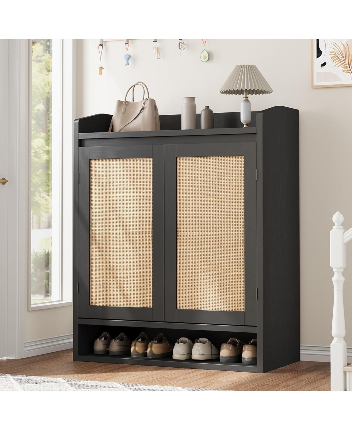 Rattan Shoe Cabinet with 2 Doors, Wooden Shoe Storage Organizer with Adjustable Shelves, 5-Tier Shoe Storage Cabinet for Entryway, Hallway, Closet, Li
