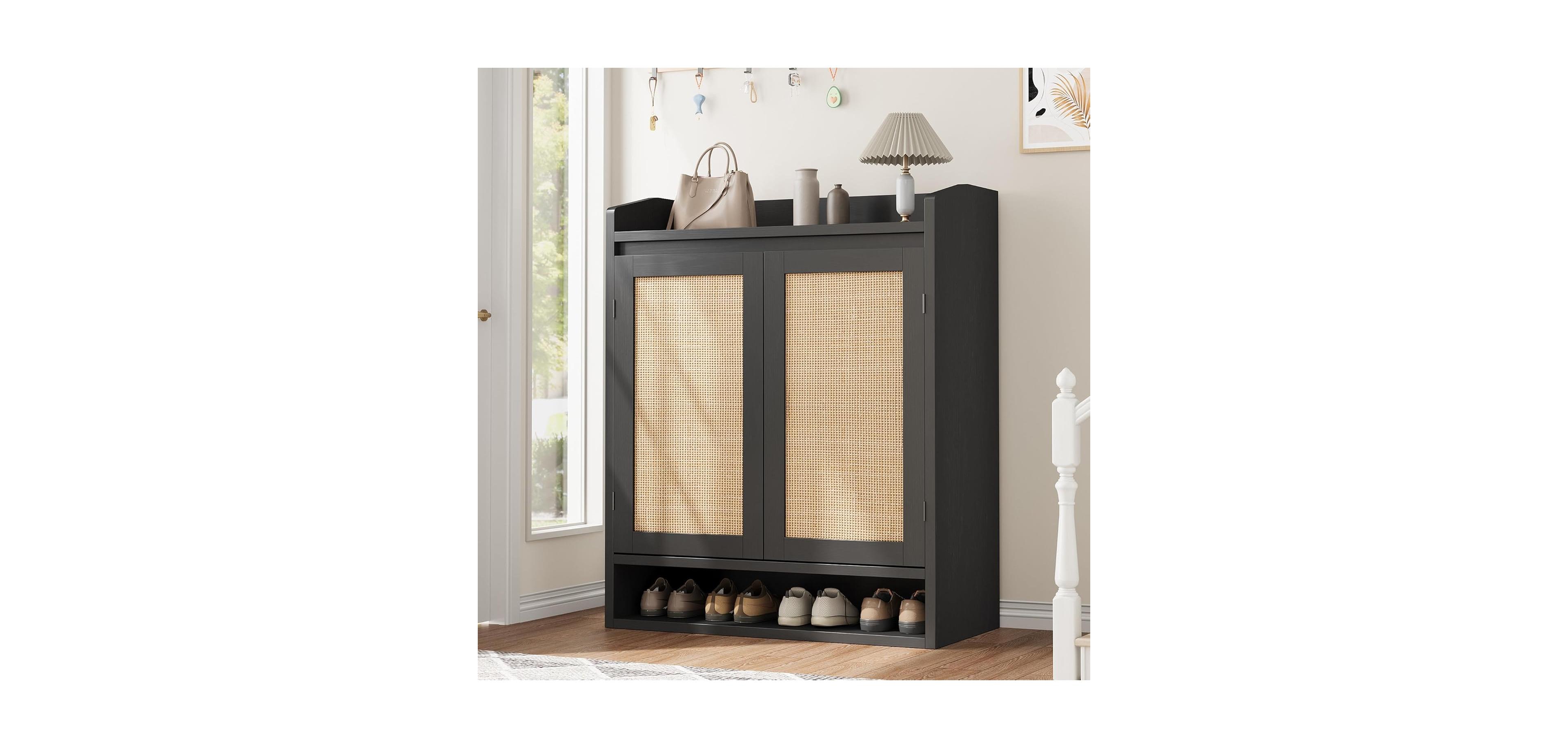 Rattan Shoe Cabinet with 2 Doors, Wooden Shoe Storage Organizer with Adjustable Shelves, 5-Tier Shoe Storage Cabinet for Entryway, Hallway, Closet, Li