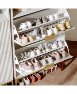 Narrow Shoe Cabinet Storage for Entryway, Modern Fluted Shoe Rack Organizer with 2 Flip Drawers and an Open Shelf for Hallway, Living Room, White