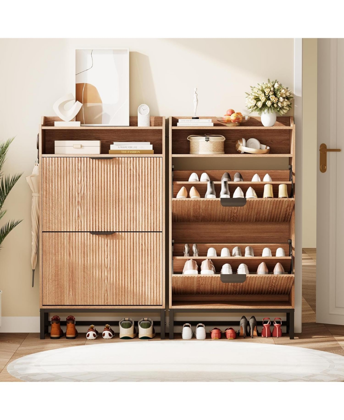 gaomon Fluted Shoe Cabinet Storage for Entryway, Wood Shoe Rack with 2 Flip Drawers and Open Shelf, Modern Entryway Organizer for Foyer, Hallway, Natu