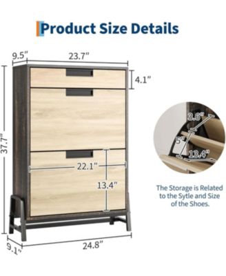 Shoe Storage Organizer with 2 Flip Drawers and 1 Drawer, Freestanding Narrow Shoe Rack, Shoe Storage Organizer with 3-Tier Adjustable Shelves, Oak