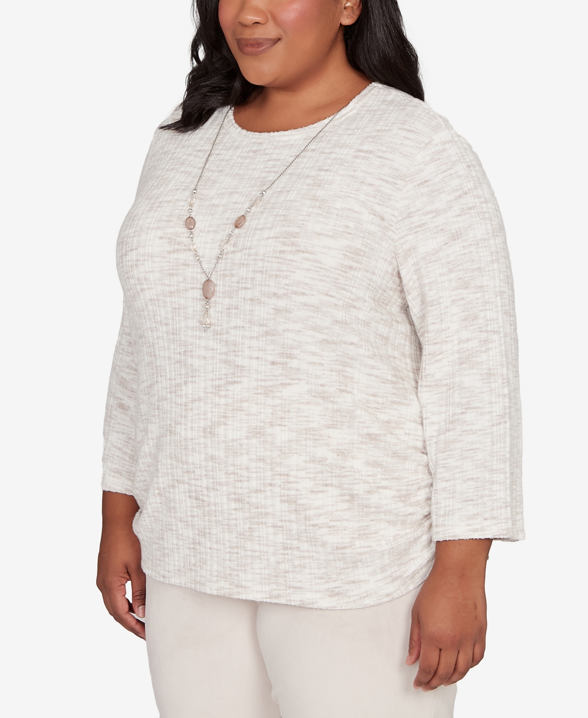 Alfred Dunner Plus Size Calm Luxe Space Dye Knit Top With Necklace In Neutral
