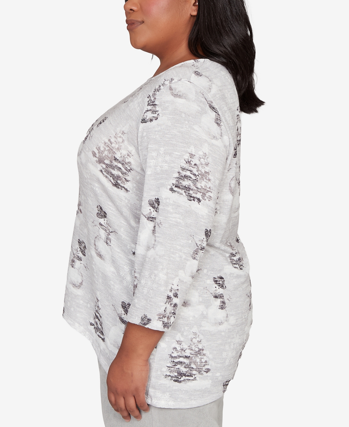 Alfred Dunner Plus Size Stockbridge Playful Snowmen Scene Knit Top In Gray