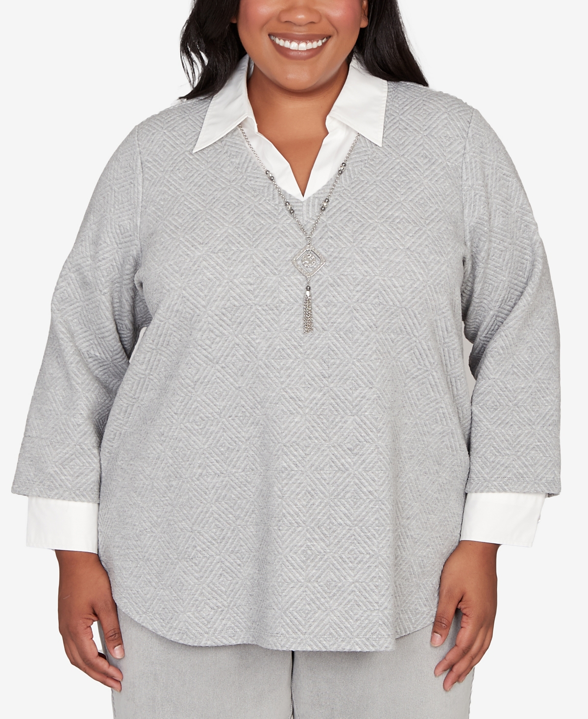 Alfred Dunner Plus Size Stockbridge Diamond Jacquard Two In One Top With Necklace In Gray