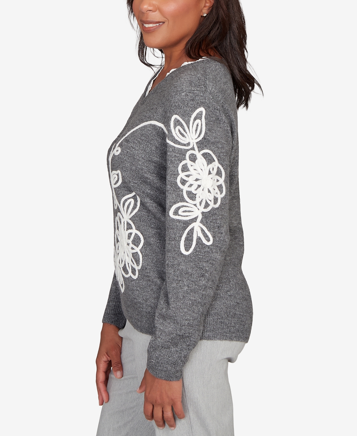 Alfred Dunner Plus Size Stockbridge Ruffle V-neck Floral Soutache Sweater In Gray