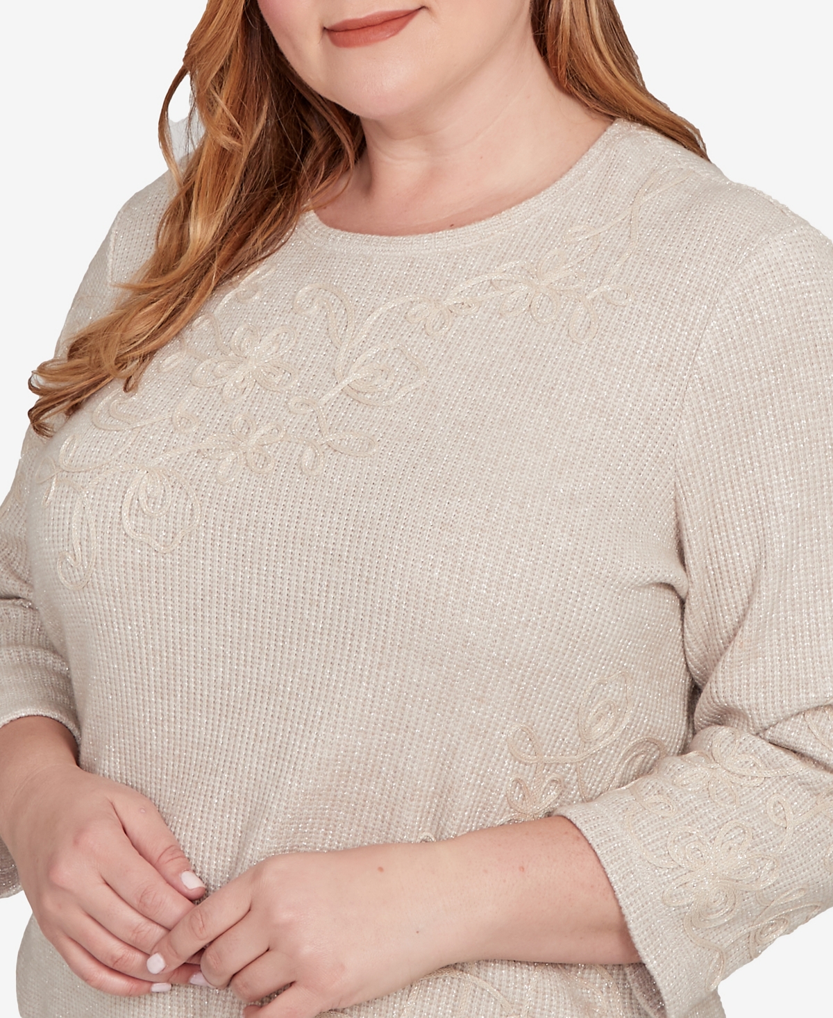 Alfred Dunner Plus Size Vienna Asymmetrical Floral Soutache Knit Top In Brown