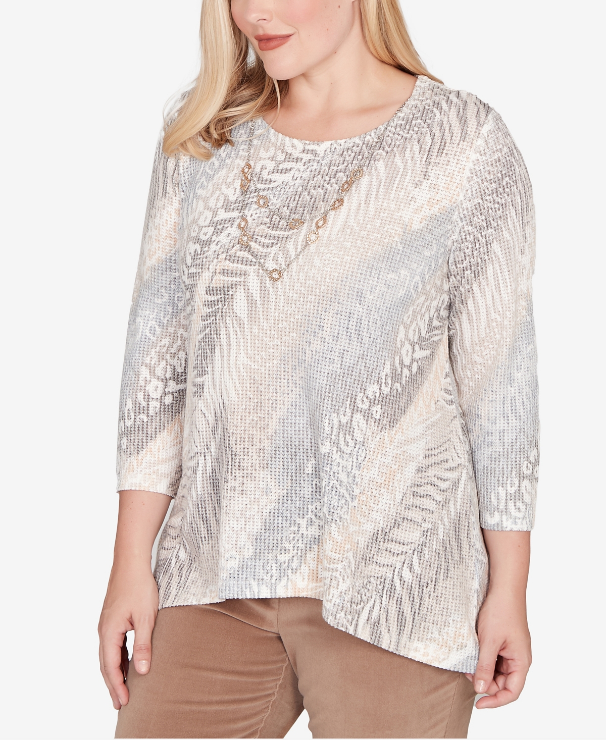 Alfred Dunner Plus Size Vienna Diagonal Animal Print Top With Necklace In Multi