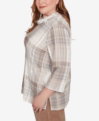Plus Size Vienna Draped Cowl Neckline Plaid Knit Top