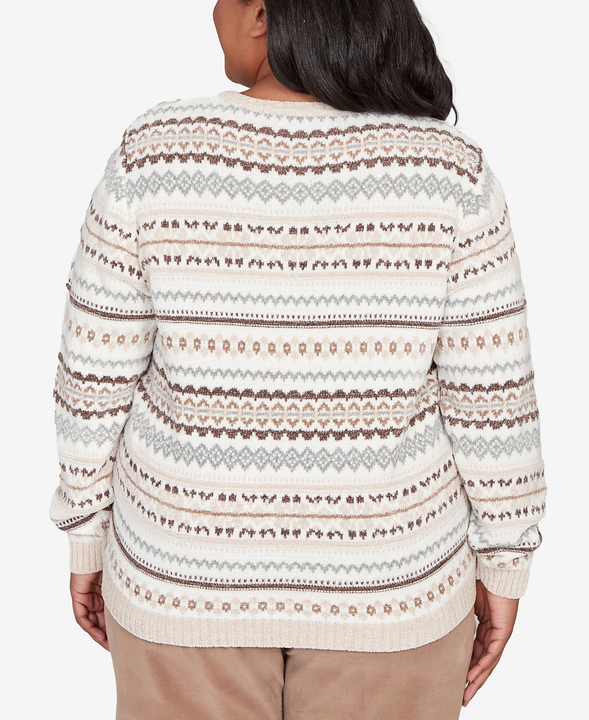 Alfred Dunner Plus Size Vienna Geometric Biadere Striped Chenille Sweater In Brown