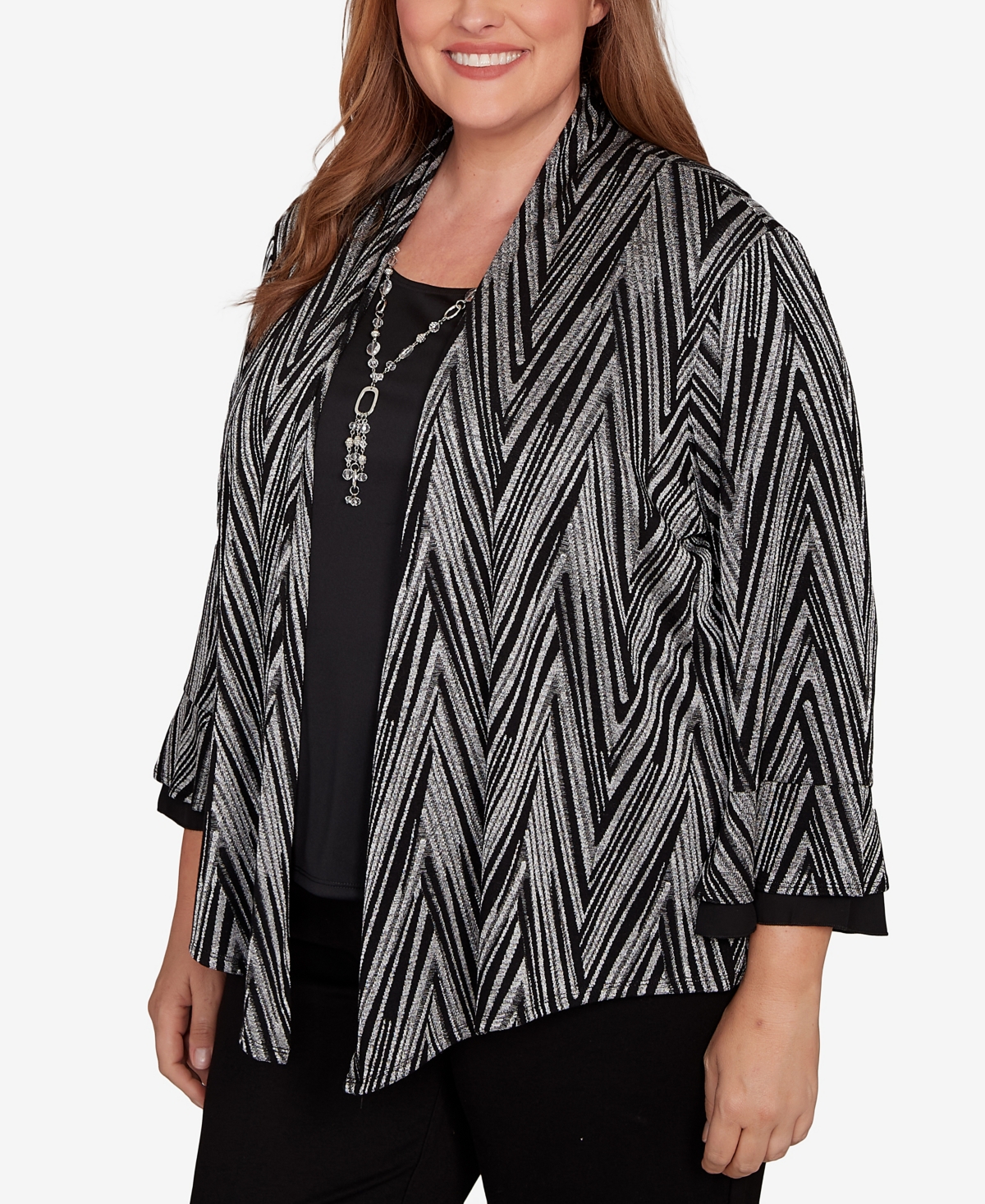 Alfred Dunner Plus Size Barcelona Metallic Chevron Two In One Top With Necklace In Multi
