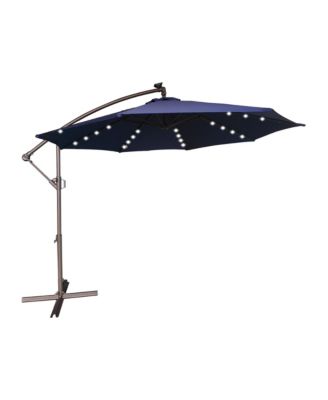 11FT Solar Offset Umbrella with 32 LED Lights Cantilever Hanging Outdoor Umbrellas Handy Crank & Cross Base for