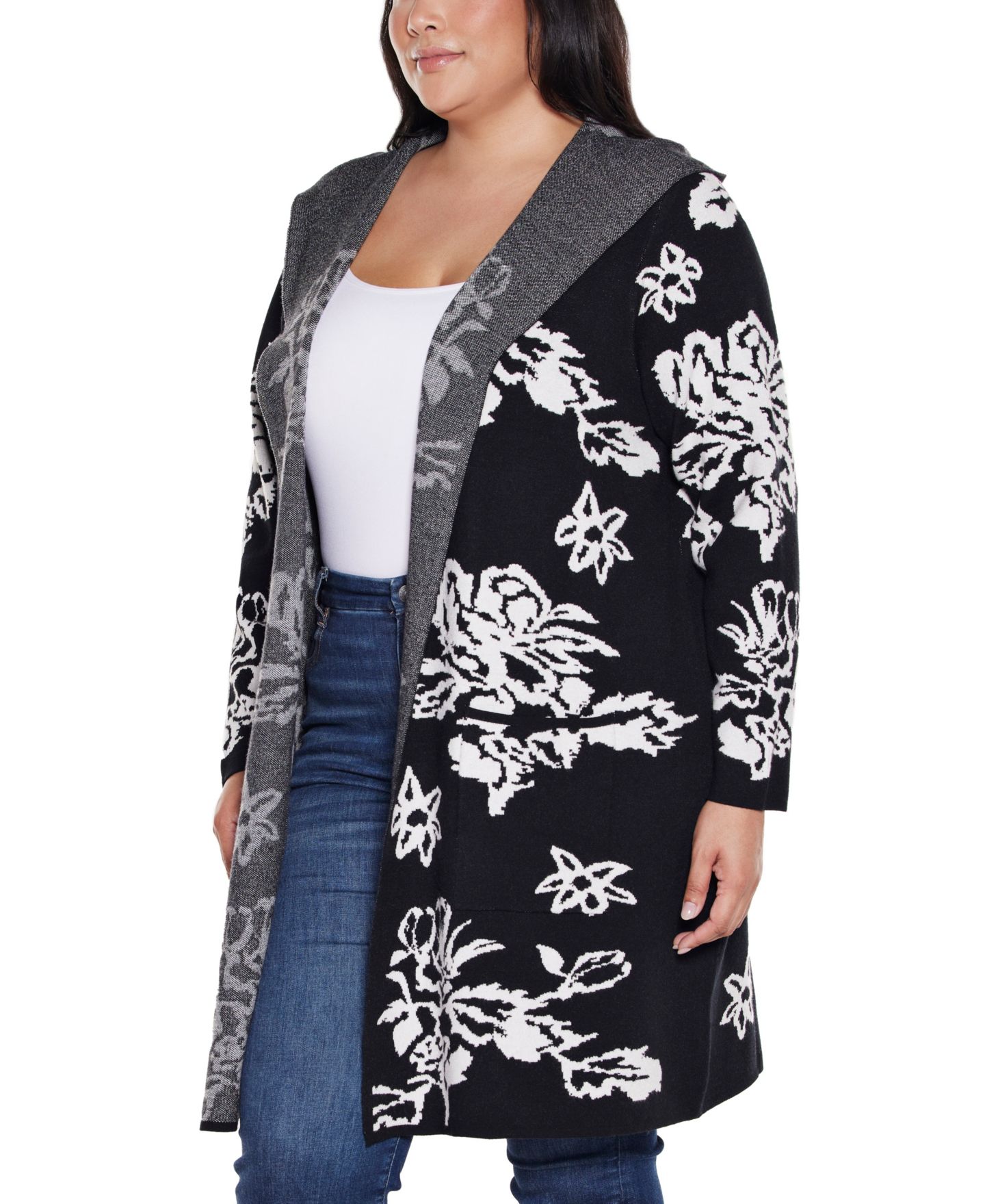 Женский свитер Belldini Plus Size Hooded Fall Botanicals Coatigan, цвет: Чёрный комбинированный — фото 3