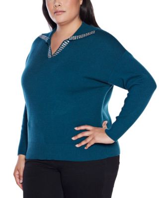 Plus Size  Rhinestone-Trimmed Split-Neck Sweater
