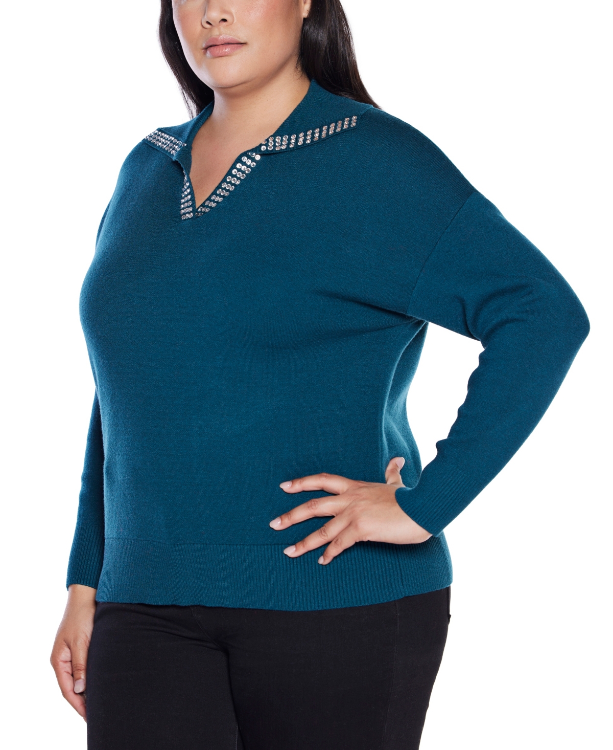 Belldini Plus Size Rhinestone-trimmed Split-neck Sweater In Blue