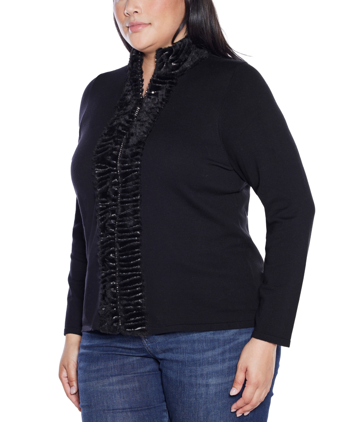 Belldini Plus Size Black Label Trim Rhinestone-zip Cardigan Sweater In Black