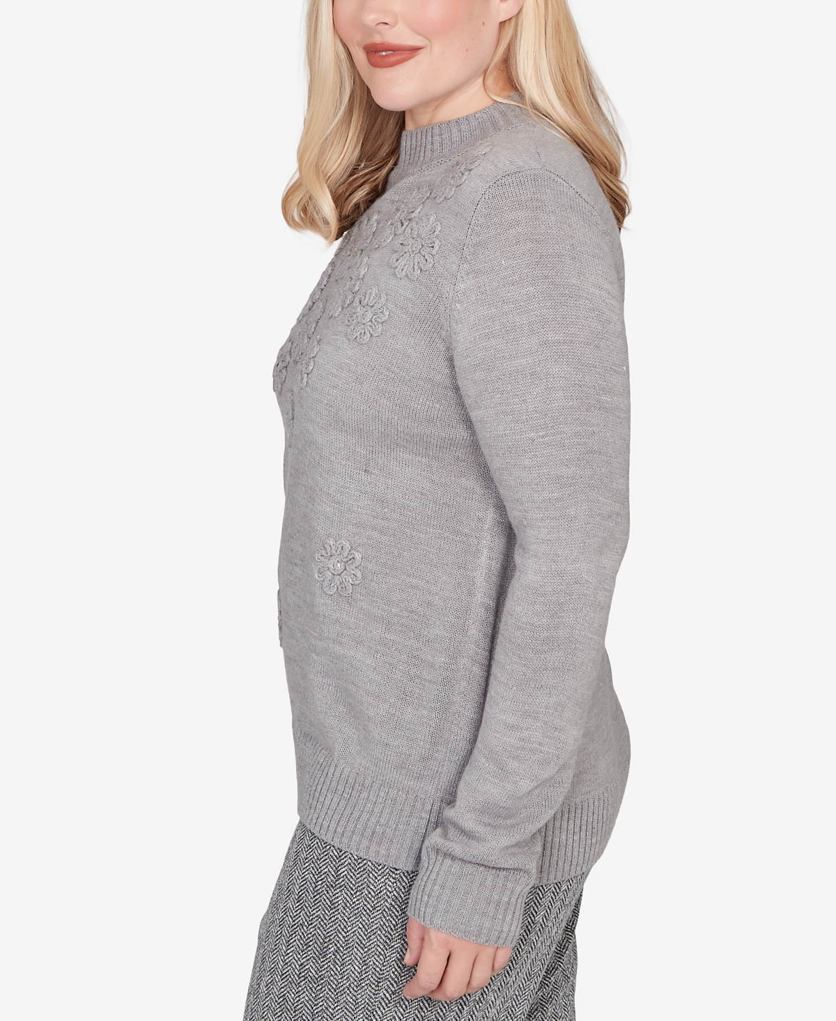 Alfred Dunner Petite Jet Setter Floral Soutache Embroidered Sweater In Gray
