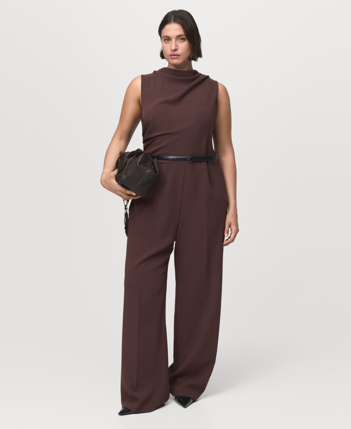 Mango Women's Draped Neck And Belt Long Jumpsuit In Brown
