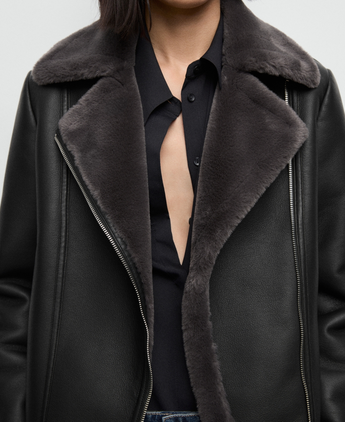 Mango Veste Biker Imitation Fourrure Noir - Femme - Xl -  In Multi