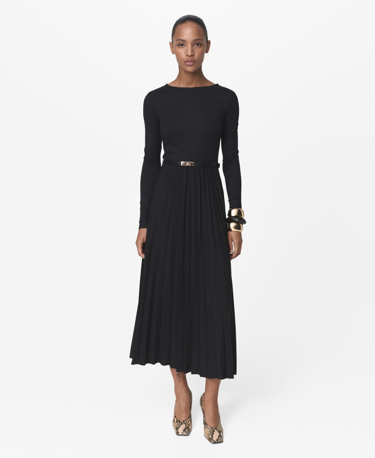 Mango Pleated Belted Maxi Dress In Black