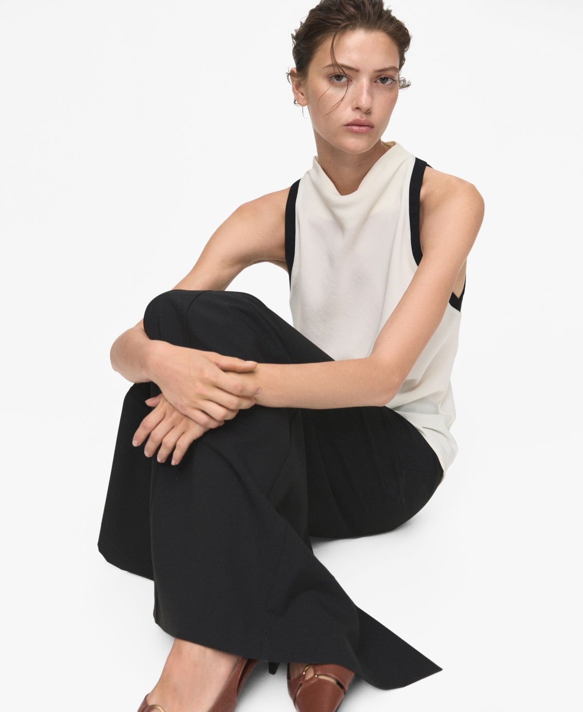 Mango Women's Contrast Trim Draped Collar Blouse