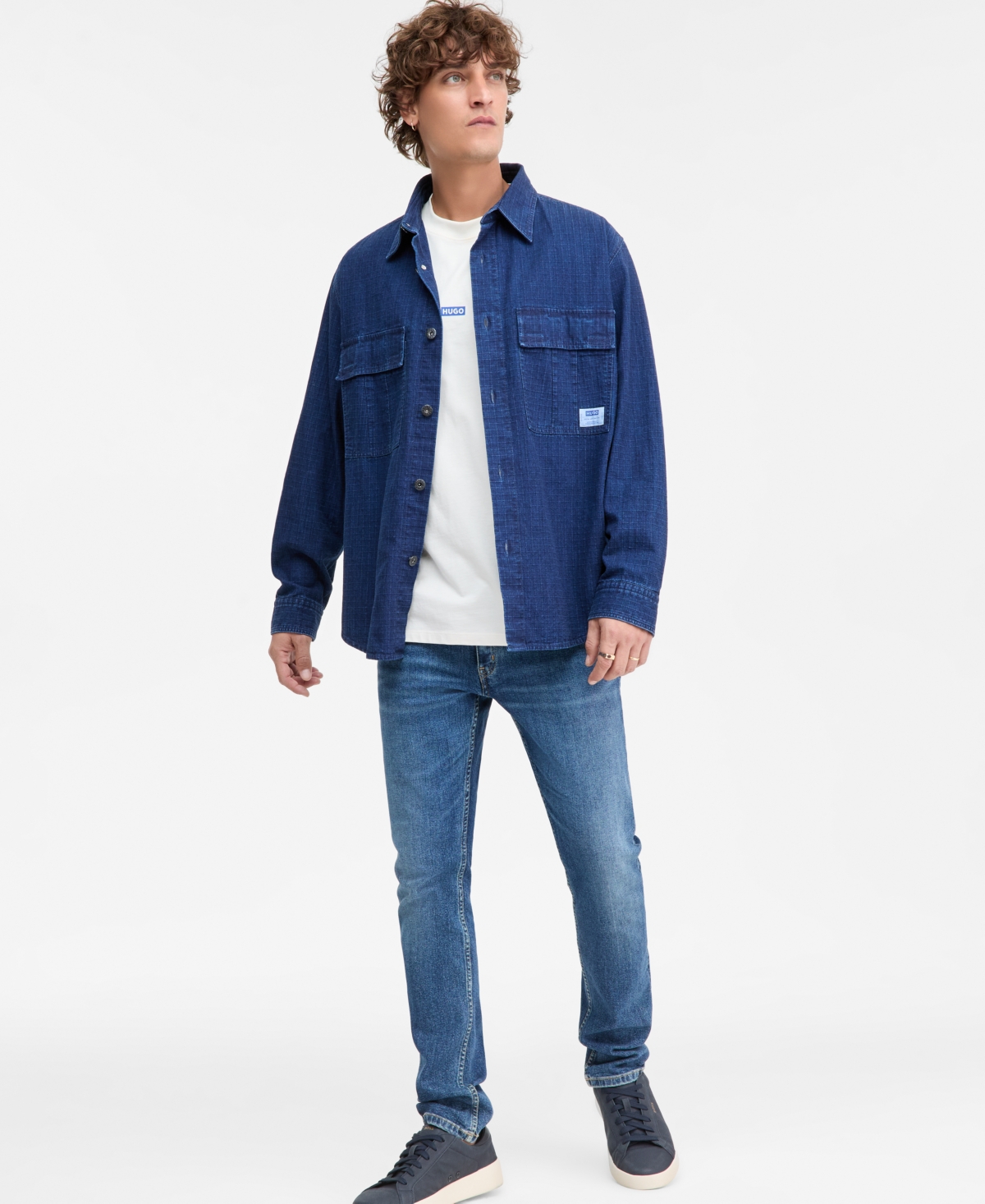 Hugo Boss Ebargo Grid-Pattern Denim Button-Front Shirt Jacket