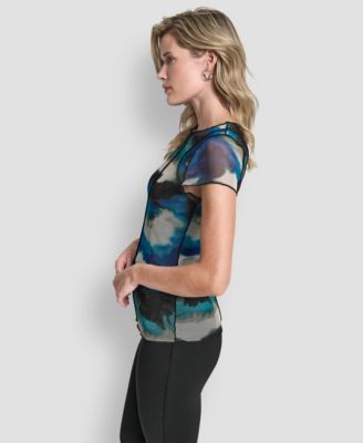 Women's Printed Mesh Xposd Seam Short Sleeve Top