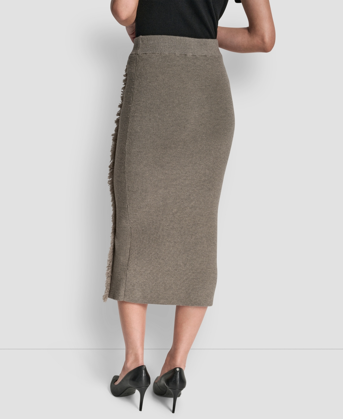 Dkny Women's Fringe Detail Bodycon Midi Sweater Skirt In Brown