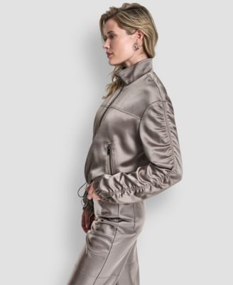 Women's Mock Neck Ruched Cropped Bomber Jacket