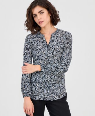 AK Anne Klein - Women's Printed Split-Neck Long-Sleeve Top