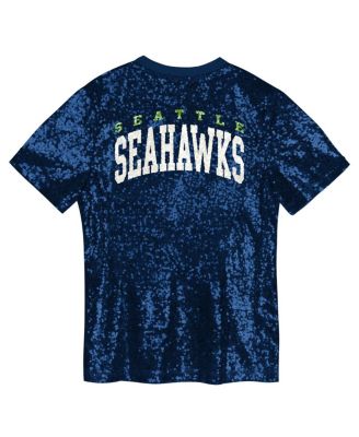 Big Girls College Navy Seattle Seahawks Wordmark Sequin V-Neck T-Shirt
