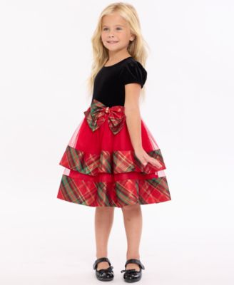 Girls 2T-6X Short Sleeve Velvet to Tiered Plaid Dress