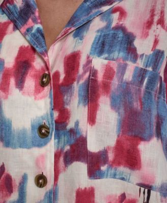 Women's Printed Short Sleeves Convertible Collar Top