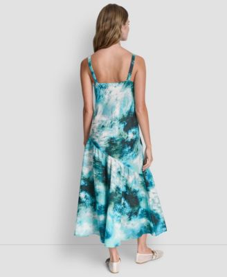 Women's Shirred Sleeveless Printed V-Neck Dress