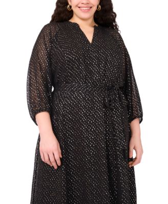 Plus Size V-Neck 3/4-Sleeve Belted Maxi Dress
