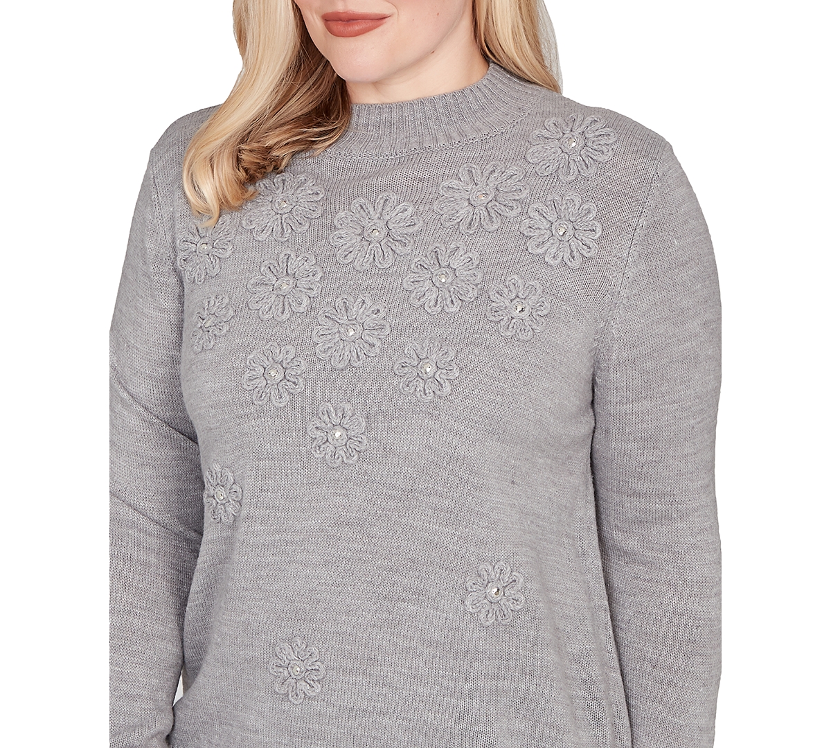 Alfred Dunner Petite Jet Setter Floral Soutache Embroidered Sweater In Gray