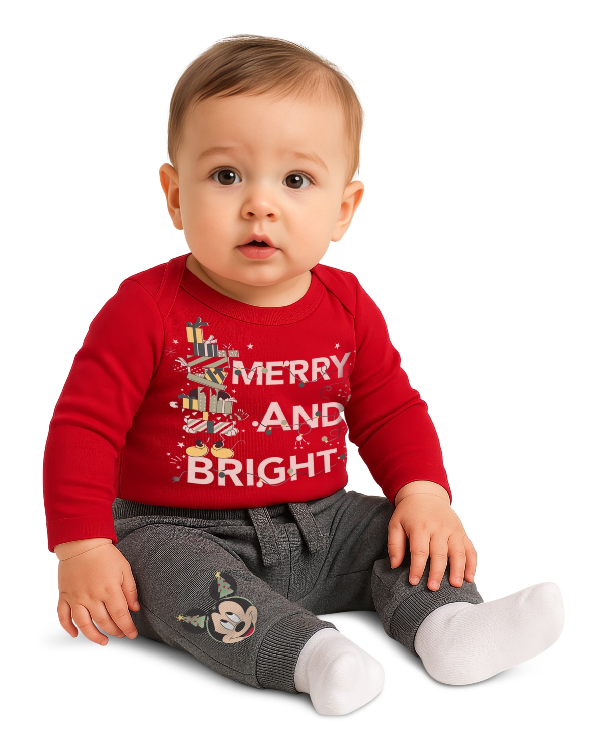 Disney Baby Boys 2-piece Mickey Mouse Merry And Bright Bodysuit And Pants Set In Red