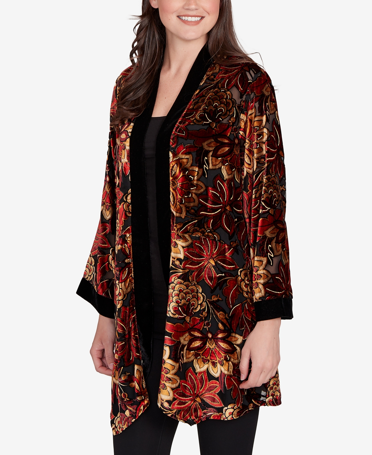 Ruby Rd. Petite Printed Velvet Burnout Open Cardigan Sweater In Multi