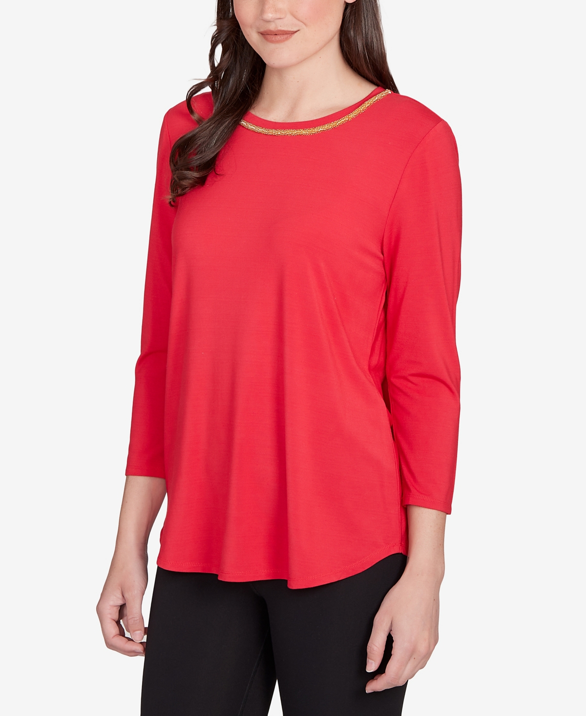 Ruby Rd. Petite Embellished Scoop Neck Solid Knit Top In Red